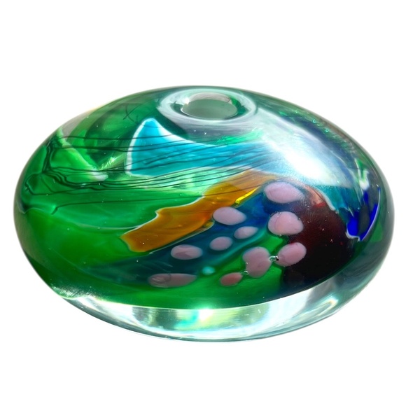 Robert Burch Flat Glass Paperweight Controlled Bubbles Swirl 3 1/2" Signed '95